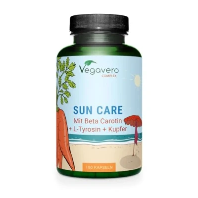 Image of Vegavero Tanning Capsules Beta Carotene, Vitamin E, L Tyrosine, Copper, Zinc &amp; Olive Leaf Extract Flavonoids Lycopene Skin Protection Support NO Additives, Lab Tested Vegan