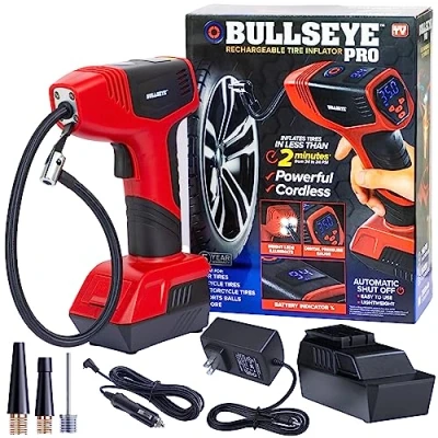 Image of Bullseye Pro Car Tyre Inflator Air Compressor Portable 150 PSI Pump with Gauge Display Screen &amp; Built in LED Lights, Rechargeable Digital Inflator/Electric Pumps for Cars/Bikes