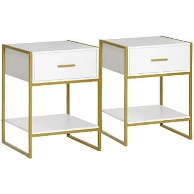 Image of HOMCOM Bedside Table Set of 2, Modern Side with Drawer and Shelf, Nightstand for Bedroom, White