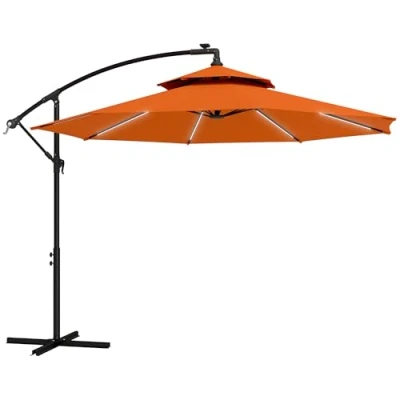 Image of Outsunny 3(m) Cantilever Banana Parasol Hanging Umbrella with Double Roof, LED Solar lights, Crank, 8 Ribs and Cross Base for Outdoor, Garden, Patio, Orange
