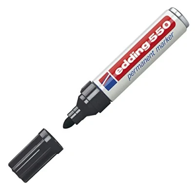 Image of edding 550 permanent marker black 10 pens round tip 3 4 mm waterproof, quick drying, smear proof for cardboard, plastic, wood, metal, glass and fabric