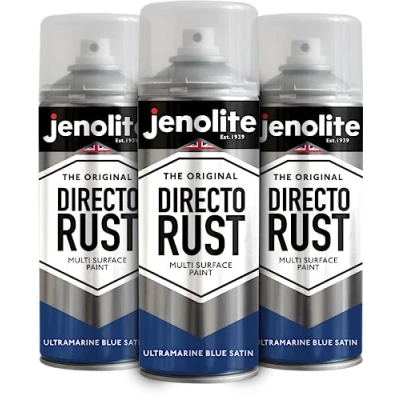 Image of JENOLITE Directorust Spray Paint Satin Finish Ultramarine Blue 3 x 400ml Direct to Rust for Metal All in One Multi Surface Metal, Wood, Plastic, Ceramic RAL 5002