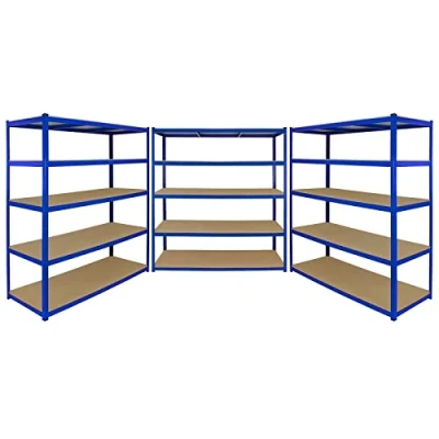 Image of Garage Shelving Units Pack Of 3 Extra Wide 5 Tier Heavy Duty T Rax Storage Racks Steel Utility Shelves Metal &amp; MDF Boltless 180cm x 160cm 60cm Capacity 3975KG 265KG Per Shelf Blue FREE Rubber Mallet