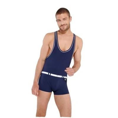 Image of Hom Men&#039;s Rowing Roger One Piece Swimsuit, Navy and White Jacquard Stitched Coupe, S