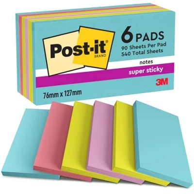 Image of Post it Super Sticky Notes, Double the Sticking Power, 6 Pads, 540 Sheets, 76 mm x 127 mm, Blue, Green, Pink Colors Self Notes for Walls, Monitors and Fridge