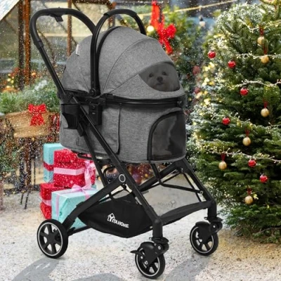 Image of YITAHOME Pet Stroller 3 in 1, One Click Foldable Cat Dog Stroller, Pushchair, Pram with Detachable Carrier Storage Basket Cup Holder, Car Seat, Buggy (Grey)