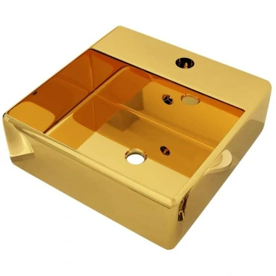 Image of vidaXL Wash Basin with Overflow Chic Ceramic Bathroom Sink, Gold, Square Shaped, Wall Hanging or Countertop Installation, Tap Hole Included