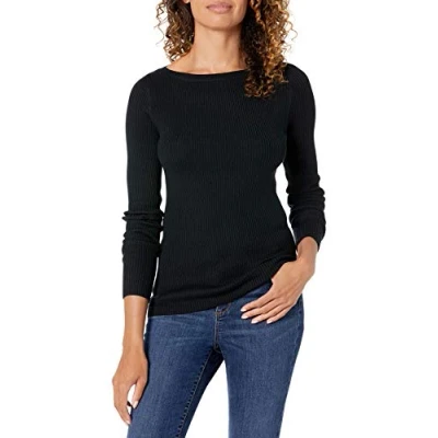 Image of Amazon Essentials Women&#039;s Lightweight Ribbed Long Sleeve Boat Neck Slim Fit Jumper, Black, XL