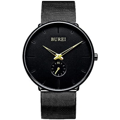 Image of BUREI Mens Watch Ultra Thin Black Large Face Blue Pointers Analog Quartz with Stainless Steel Mesh Band