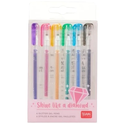Image of Legami Set of 6 Mini Glitter Gel Pens, 0.8 x 11 cm, Shine Like a Diamond, Tip Diameter 1 mm, Purple, Gold, Green, Blue, Pink, Black