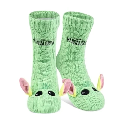 Image of Star Wars The Mandalorian Hut Socks Baby Yoda Grogu Knitted House with Ears and Sherpa Lining for Men Cuddly Fluffy Winter Warm One Size Green, 8/10.5 UK