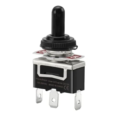 Image of Heschen Metal Toggle Switch C513A, SPDT, Maintained (Latching), ON/OFF/ON 3 position, 15A 250VAC, Tab Rerminal, with waterproof cap, CE