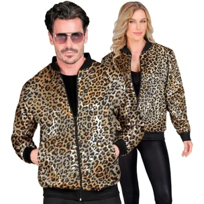 Image of Widmann Party Fashion Bomber Jacket, Leopard Pattern, Sequin Vest, Outfit, Disco, Animal Print