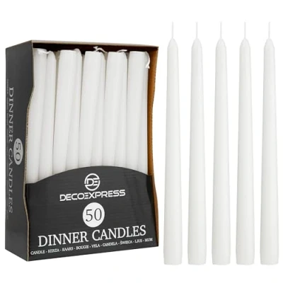 Image of DECO EXPRESS Dinner Candles Pack of 6, 10, 15 or 50 Tapered Non Drip Long Lasting 8 Hours, Unscented (White Pack)