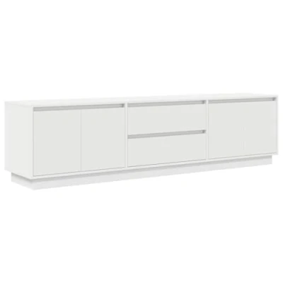 Image of vidaXL TV Cabinet/Stand with LED Lights White Engineered Wood, 193.5x41x50 cm, Modern Style Living/Dining Room Entertainment Unit, 2 Drawers, 4 Doors