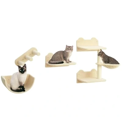 Image of PawHut 4PCs Wall Mounted Cat Tree Shelves Furniture Climbing Shelf Set Kitten Activity Centre with Hammock, Scratching Post Beige