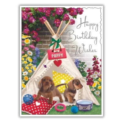 Image of Female Birthday Card for Her General Women Dog and Floral Garden Design Dachshund Puppies Special Finishes Illustrated Insert Leaf Made in the UK