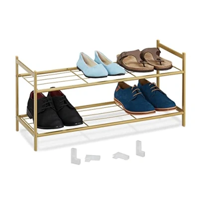 Image of Relaxdays Metal Rack for Hallway, 2 Levels, Stackable, HWD 33.5 x 70 26 cm, 6 Pairs of Shoes, Open, Steel, Gold