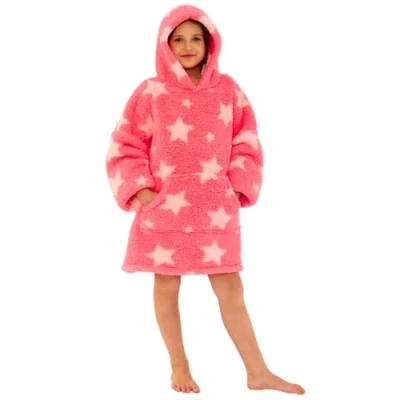 Image of Just Essentials Kids Boys Girls Supersoft Fleece Hoodie Wearable Blanket Oversized Sweatshirt Pink Stars Teddy One Size