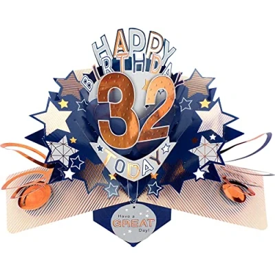Image of Happy 32nd Birthday 32 Today Pop Up Greeting Card Love Kate&#039;s Cards Him POP204MC32