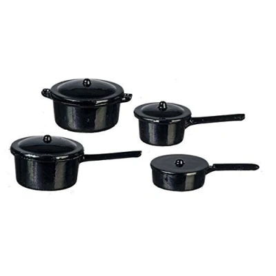 Image of Melody Jane Dolls House Black Saucepan Pan Set Miniature Kitchen Accessory