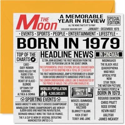 Image of 45th Birthday Cards for Men Women Born In 1979 Newspaper Happy 45 Card Mum Dad Uncle Aunt Vintage Retro Back 1979, 145mm x Forty Five Fifth Bday Greeting