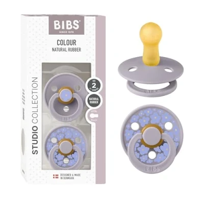 Image of BIBS Colour Studio Soother 2 Pack, BPA Free Dummy Pacifier, Round Nipple. Natural Rubber Latex, Made in Denmark, Size (6 18 Months), Jasmine Fossil Grey