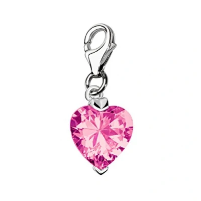 Image of Quiges Crystal Pink Heart Cubic Zirconia Clip On Charm Pendant Silver Plated Women&#039;s Jewellery