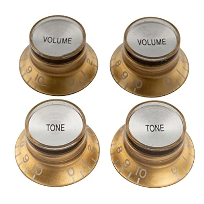 Image of Musiclily Pro Inch Size Top Hat Bell Knobs 2 Tone Volume Control for USA Les Paul SG Style Electric Guitar, Gold with Silver Reflector (Set of 4)