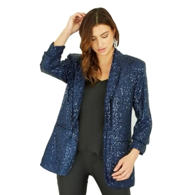 Image of Yumi Womens Silver Sequin Blazer With Pockets Size 8 UK