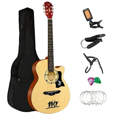 Image of Crystals Acoustic Guitar Full Package Pack with Accessories 4/4 Size 38&quot; Classic 6 Strings (Wood + Stand)