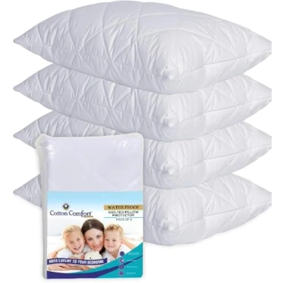 Image of Cotton Comfort Bedding Anti Allergy Pillow Protectors 4 Pack 100% Waterproof Ultra Soft &amp; Breathable Microfiber Quilted White 50x75cm