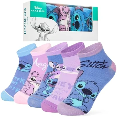 Image of Disney Girls Ankle Socks, Soft and Breathable Socks Pack of 5 Gifts (Pink/Blue Stitch, 3.5 6.5 UK, 11 14 years)