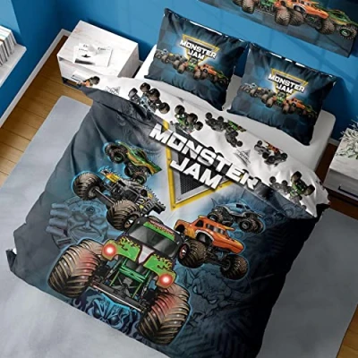 Image of Monster Jam Double Duvet Cover Grave Digger, Max D, Megalodon, Dragon &amp; El Toro Loco Design Officially Licensed Reversible Bedding set with matching Pillowcase Polycotton