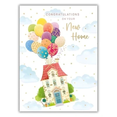 Image of Noel Tatt New Home Congratulations Card with House and Balloons Design Foil Embellished Details
