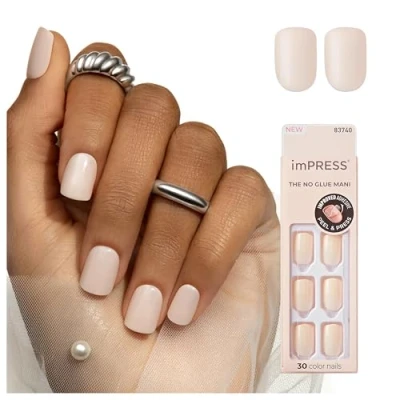 Image of KISS imPRESS Color Gel Nail Kit, Point Pink, with PureFit Technology, Polish Free Colour Mani, Includes Prep Pad, Mini File, Cuticle Stick, and 30 Fake Nails