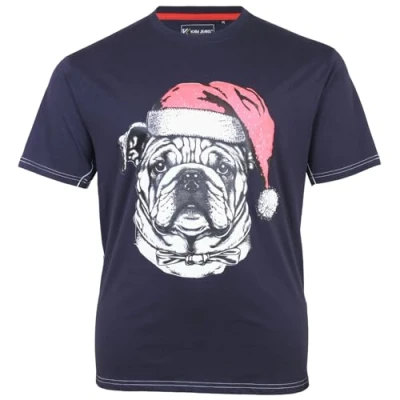 Image of KAM T Shirt Bulldog Santa Xmas Print Short Sleeve Christmas Mens Plus Size X027 (UK, Alpha, 5XL, Plus, Regular, Navy)