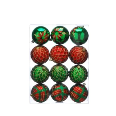 Image of Festive Productions Set of 12 x 8cm Shatterproof Baubles Red &amp; Green Designs Luxury Christmas Tree Decorations, Hanging Decorations