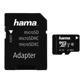 Image of Hama 108077 microSDXC 64 GB Class 10 UHS I Memory Card with Adapter