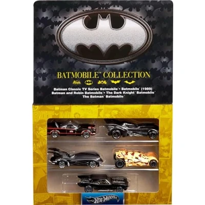 Image of Hot Wheels 1:64 Scale Die Cast Toy Cars, Set of 5 Batman 85th Anniversary Vehicles Featuring Different Batmobile Replicas in Commemorative Packaging, JBG93