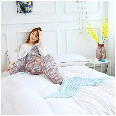 Image of YOUCAI Mermaid Tail Blanket for Girls, Sleeping Bag Women Handmade Crocheted Snuggle Light Blue 180x90cm