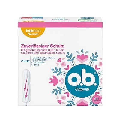 Image of o.b. Original Normal Tampons for Medium/Stronger Days, StayDry Technology &amp; Curved Grooves, Reliable Protection Clean Feel (64 Pack)