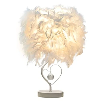Image of Feather Table Lamp Heart Shape Lampshade Bedside Light Desk with Feathers Crystal European Style Decoration for Living Room Bedroom Reading Room, S