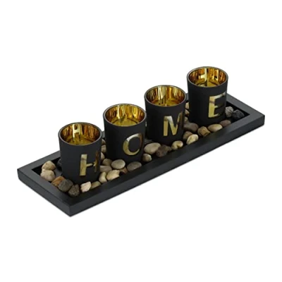 Image of Relaxdays Tealight Holder Set with Tray &amp; Pebbles, 33 cm, Table Centrepiece, Dining Room, Candle Glasses, ‘Home’, Black