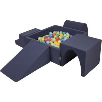 Image of KiddyMoon Foam Playground For Kids With Square Ballpit (300 Balls ∅ 7Cm/2.75In) Soft Obstacles Course And Ball Pool Made In EU, Darkblue:Lgreen/Orange/Turquoise/Blue/Bblue/Yellow