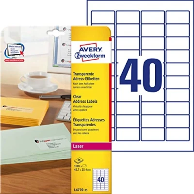 Image of AVERY Zweckform L4770 25 Address Labels Printable Self Adhesive for C6 Envelopes + Deutsche Post Internet Mark 1000 Transparent Sheets Format 45,7 x 25,4 mm