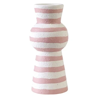 Image of Elements 3.54x3.54x7.87 Inch White and Pink Stripe Textured Ceramic Vase