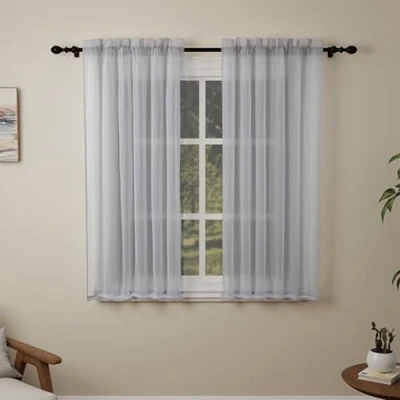 Image of Pacok Darkgray Voile Curtains, 45 Drop 2 Panels Net Curtain for Windows, Rod Pocket Sheer Panel Curtains Living Room Kitcken Bedroom W56xL45 Inch(Darkgray, 142 x 114cm)