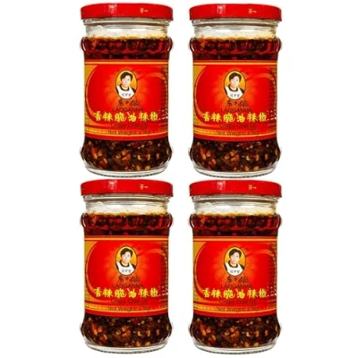 Image of Lao Gan Ma Crispy Chilli Oil (210g) Laoganma Spicy Chili Crisp Hot Sauce Jar Savoury Crunchy Texture Versatile Condiment Ideal for Noodles, Dipping, Stir Fry Gastro Group ® (4 x 210g)