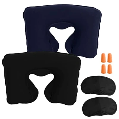 Image of Inflatable Travel Neck Pillow Soft Flight Rest/Support Cushion Head &amp; (Black + Navy)